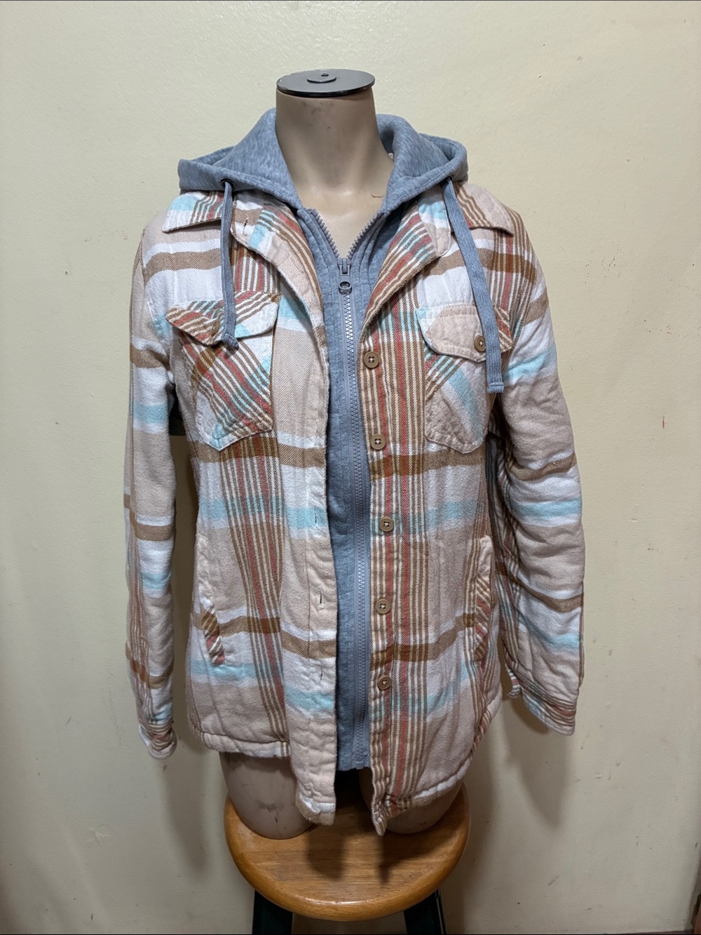 burnside Plaid Lightweight Hooded Shirt Jacket in Beige, Light Blue & Brown